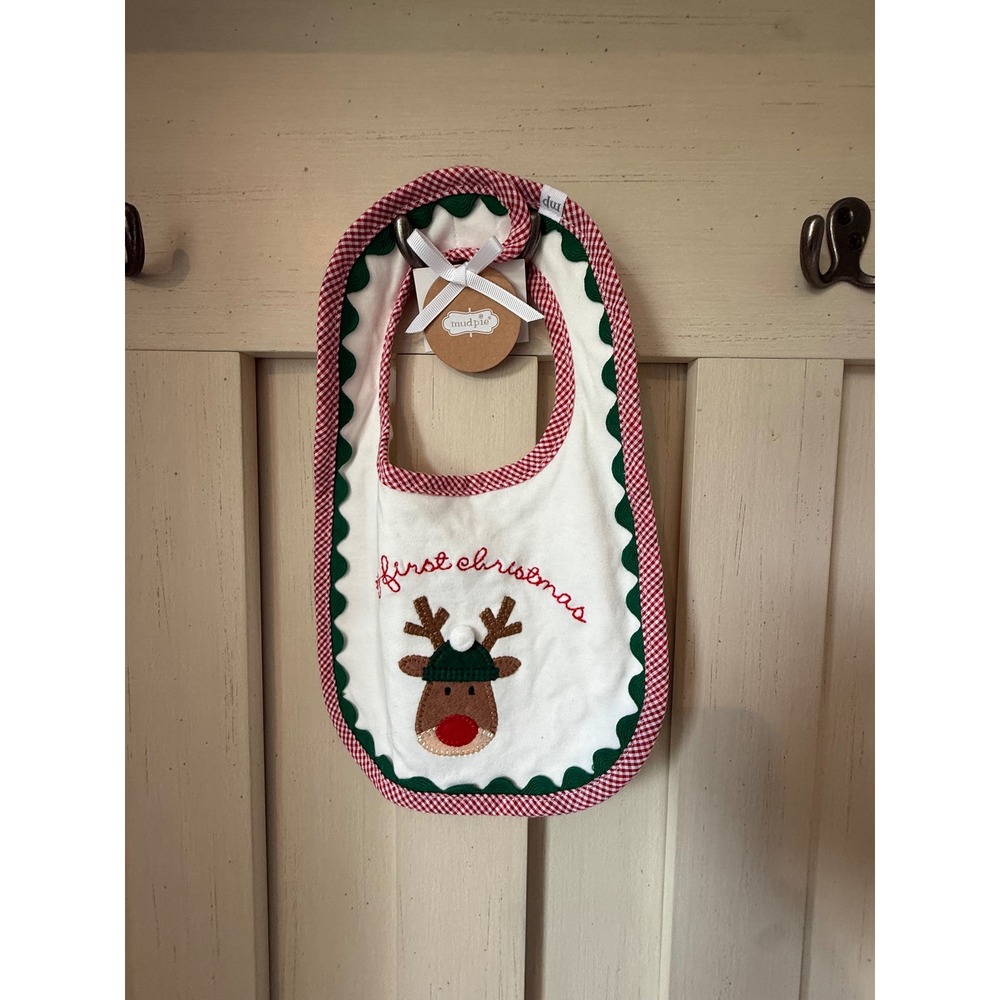 Mud Pie My First Christmas Reindeer Baby Bib Red Gingham Minky Dot NWT